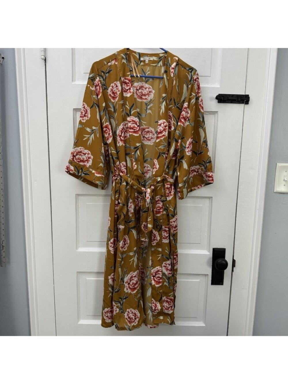 Bleuh Ciel Women’s L Mustard Floral Kimono Robe Belted Midi Pockets